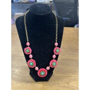 Talbots Necklace Pink Fringe Flower Turquoise Beaded Womens Statement Jewelry